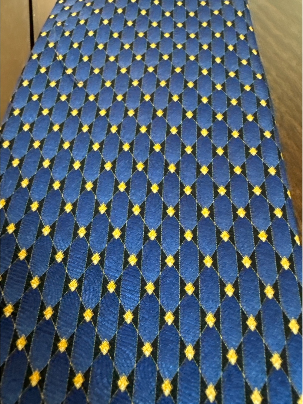 Blue Silk Tie with Yellow and Black Diamond Pattern